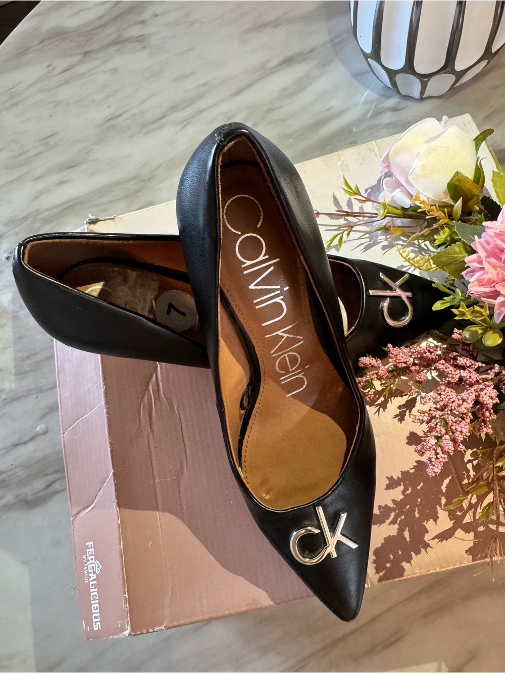 Calvin Klein Black Pointed-Toe Heels with Silver CK Accent
